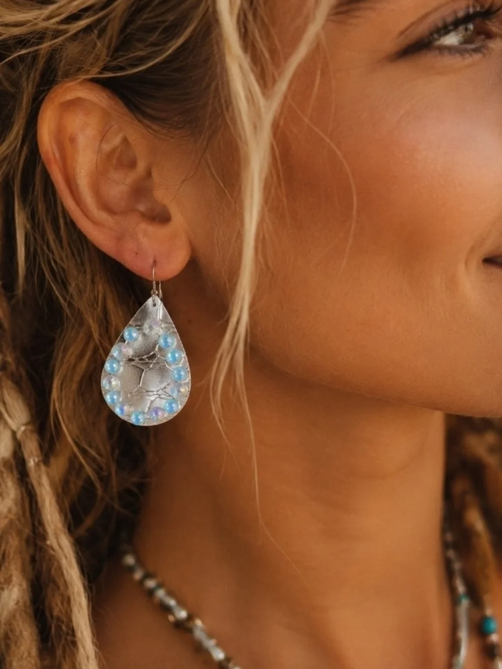 4/$15 Handmade Coastal Silver Crocodile Teardrop Earrings Blue Iridescent Accent